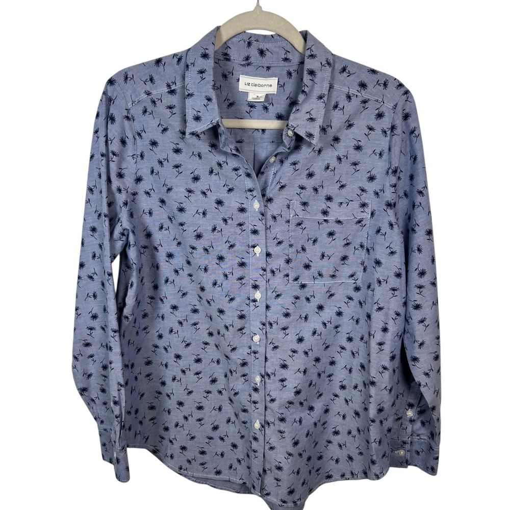 Liz Claiborne Floral 100% Cotton Preppy Timeless Shirt Blue Dandelion Print M